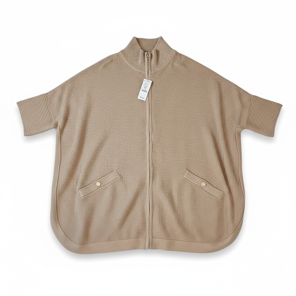 NWT White House Black Market Zip Up Poncho Heather Cork Tan Short Sleeve Sweater